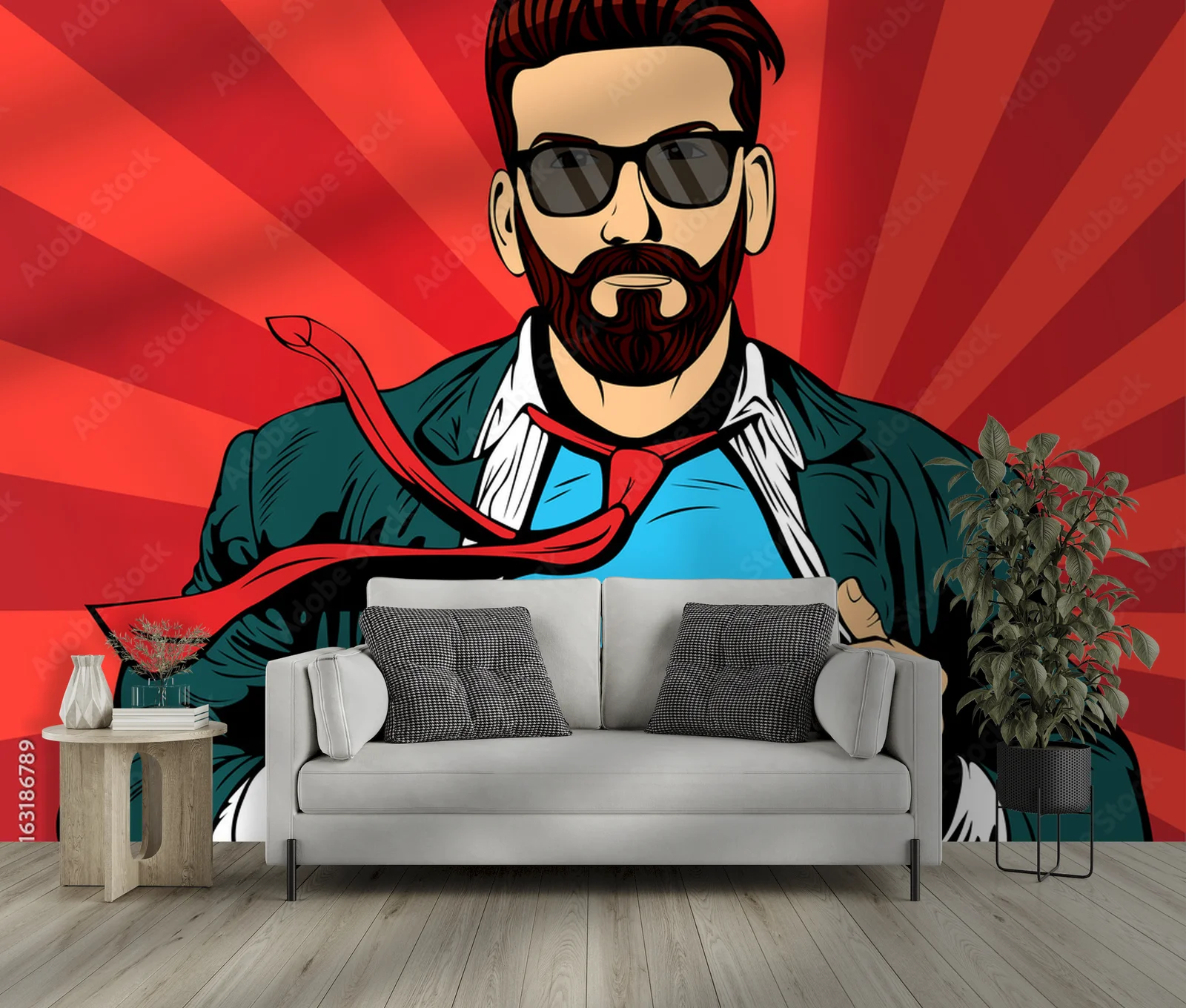 Czerwony superbohater z hipsterską brodą w stylu pop art
