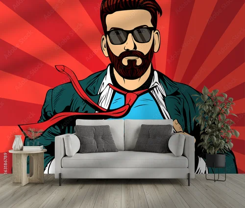 Czerwony superbohater z hipsterską brodą w stylu pop art