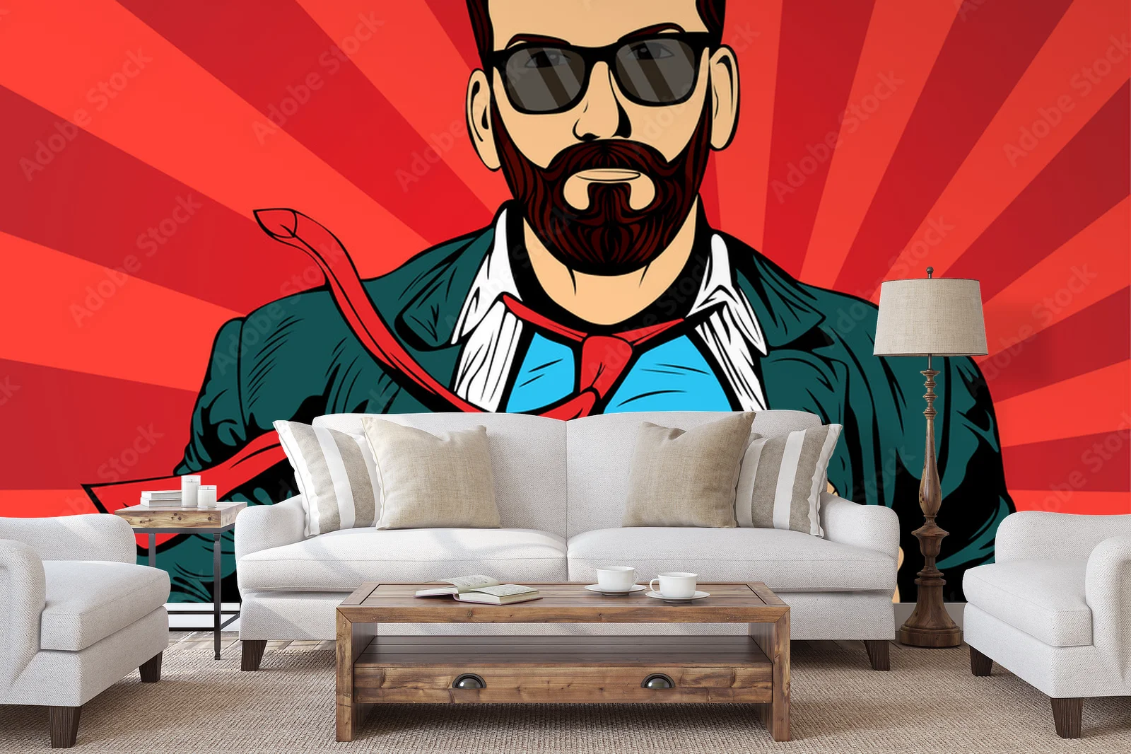 Czerwony superbohater z hipsterską brodą w stylu pop art