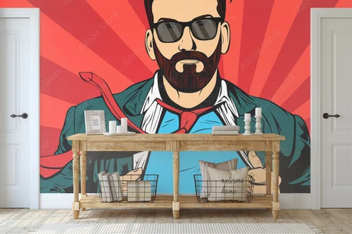 Czerwony superbohater z hipsterską brodą w stylu pop art