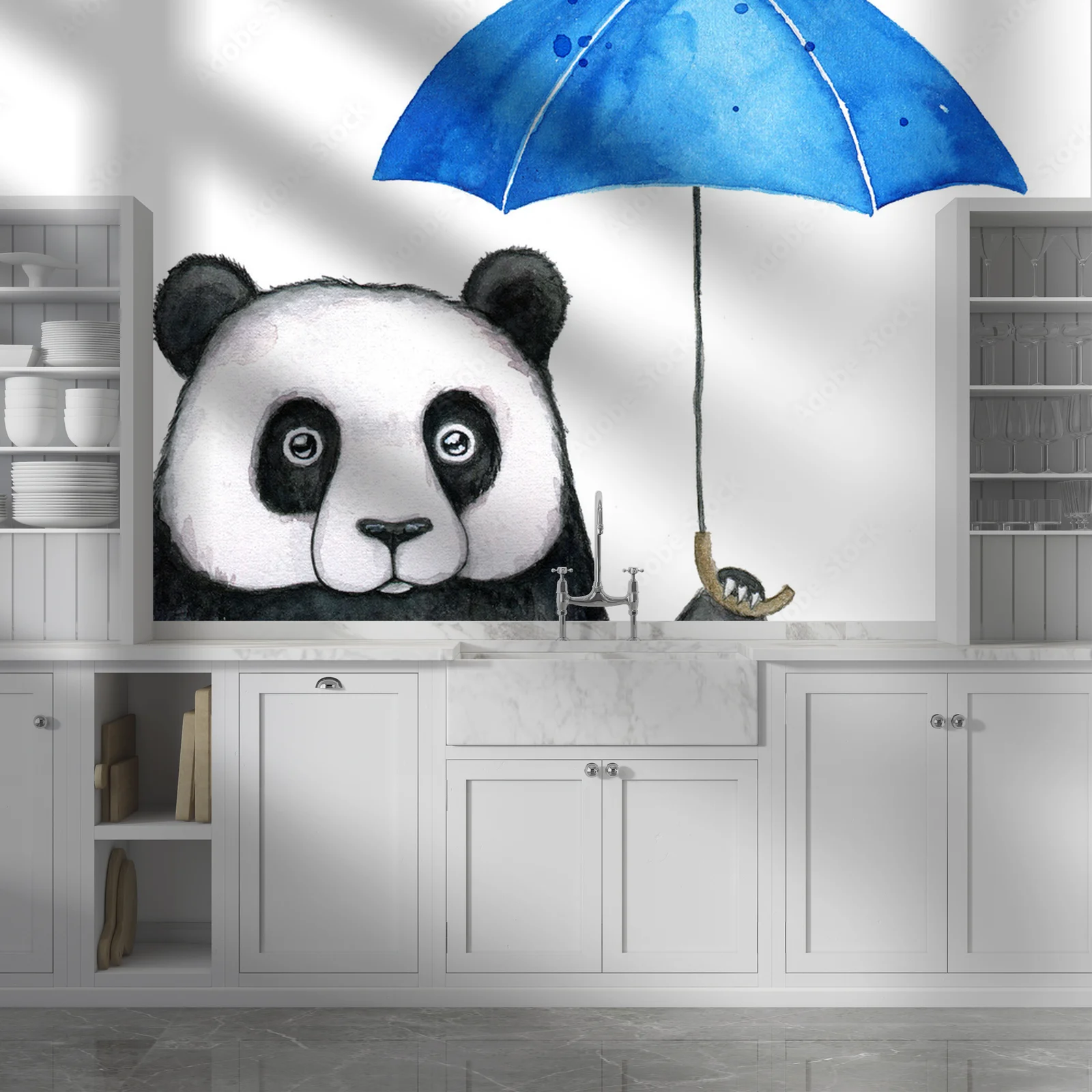 Uroczy panda pod niebieskim parasolem