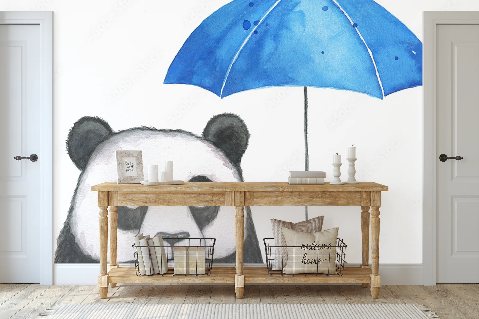 Uroczy panda pod niebieskim parasolem