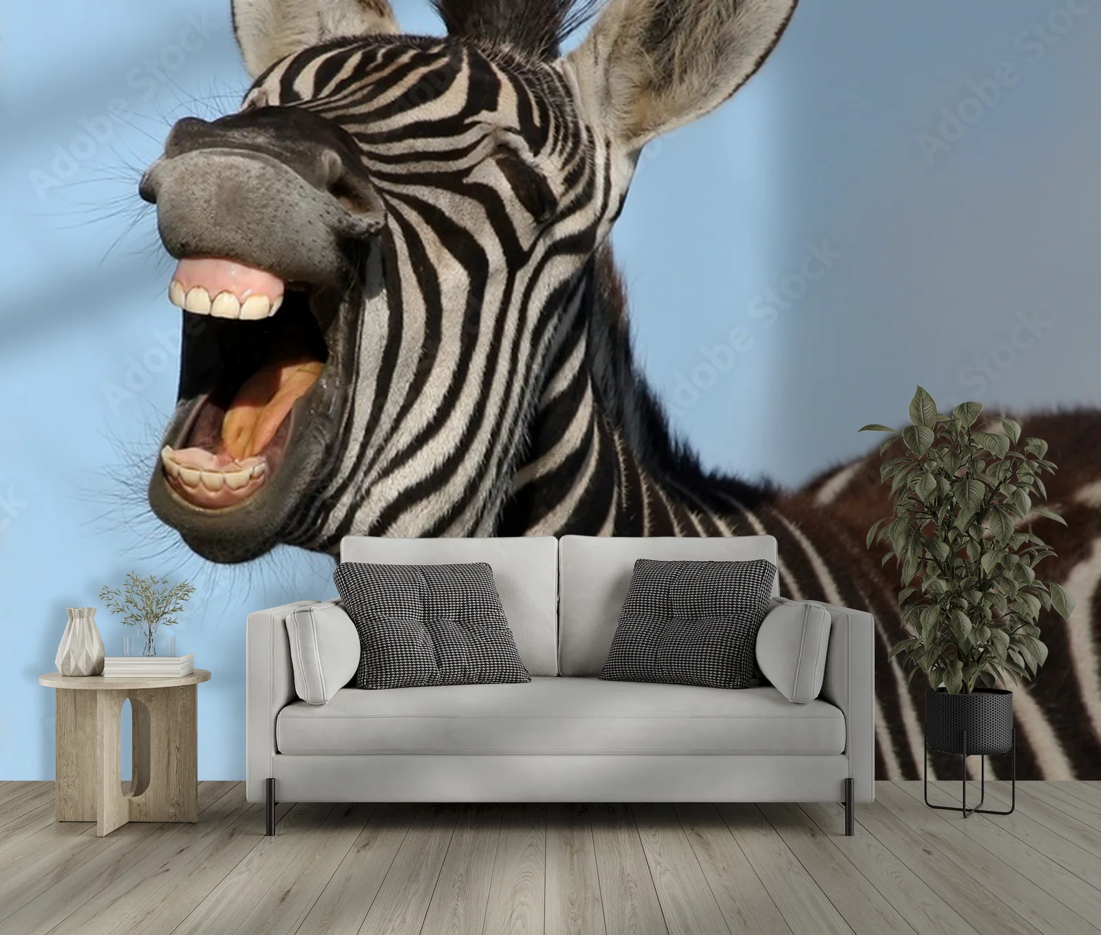 Wesoła zebra w pastelowym błękicie