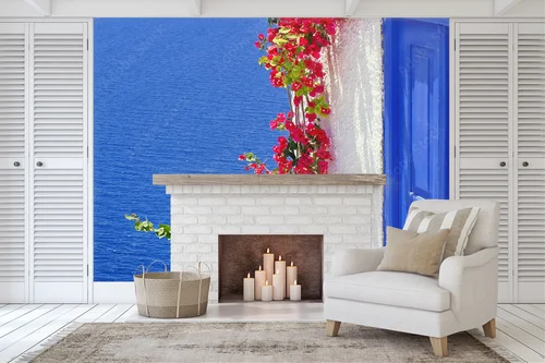 Architektura Santorini w błękitnych odcieniach