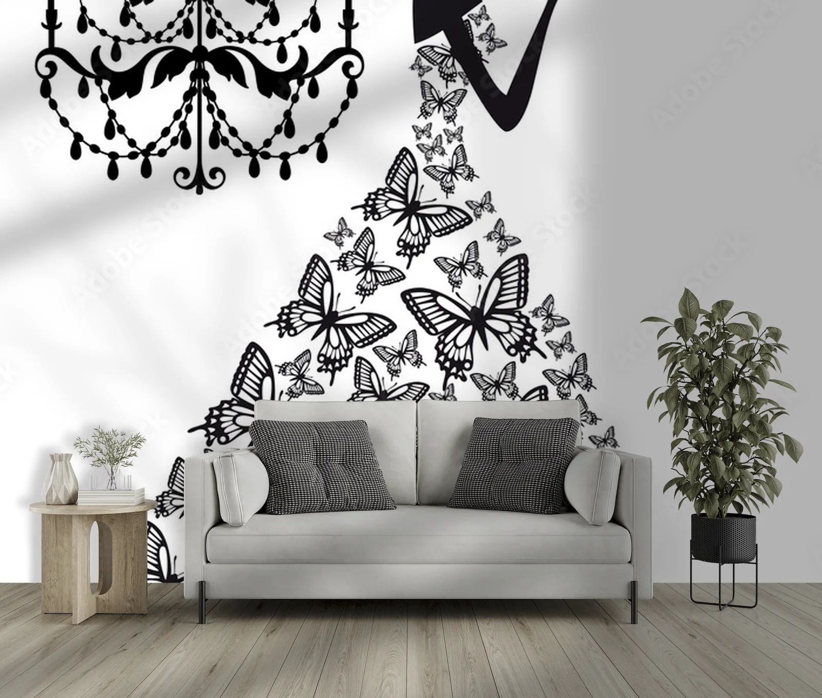 Elegancka kobieta z motylami w monochromatycznej kompozycji