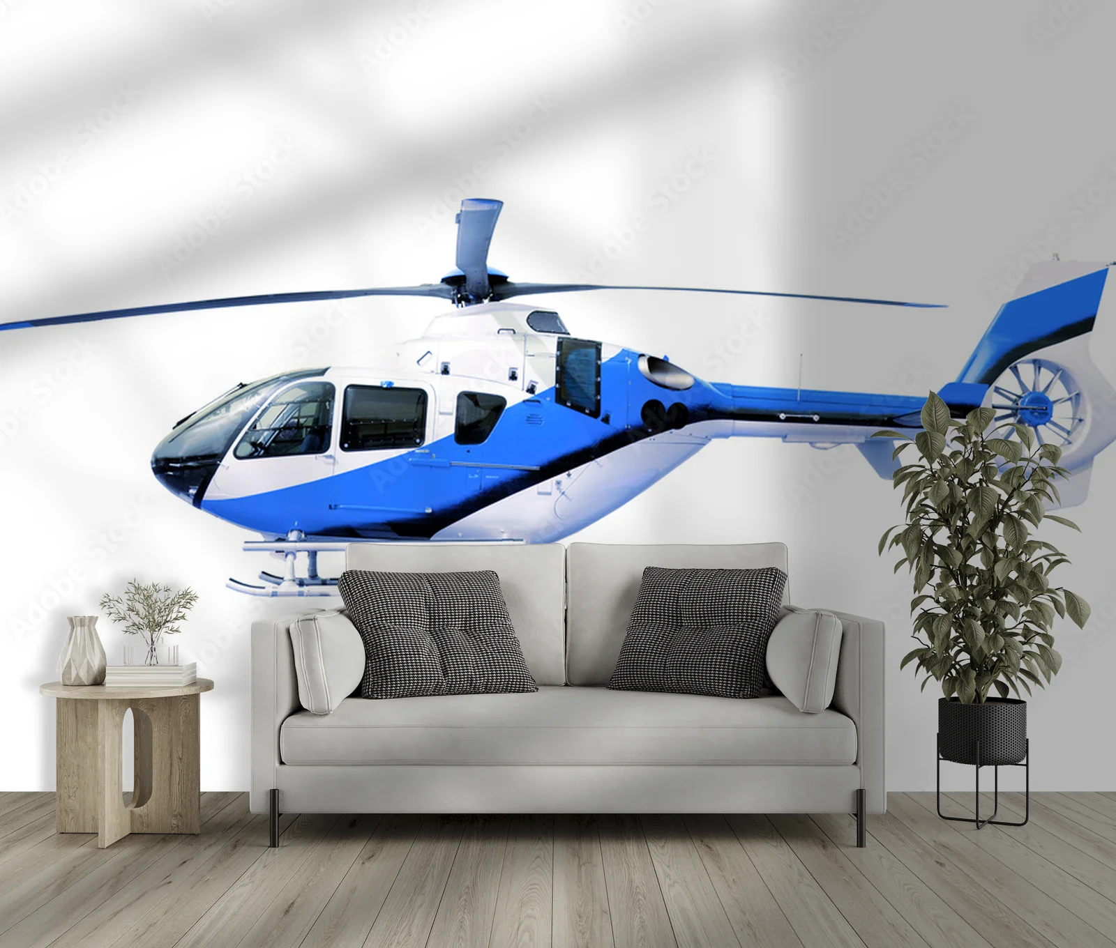 Niebieski helikopter w niewinnej bieli