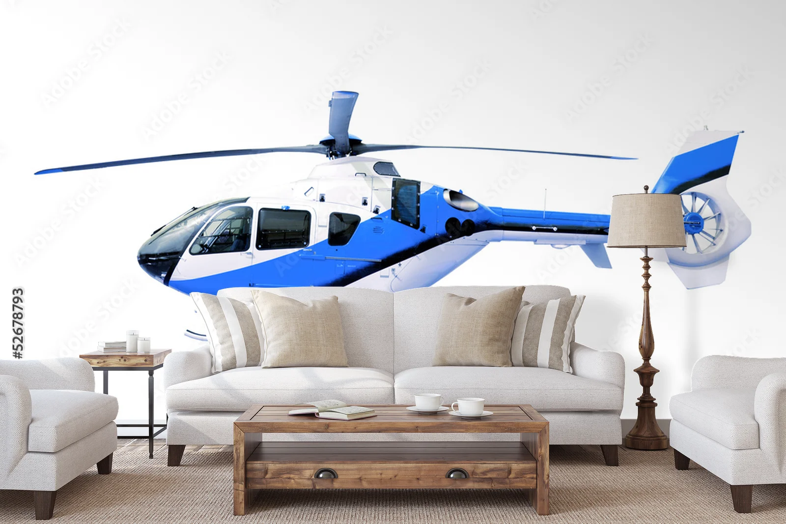 Niebieski helikopter w niewinnej bieli