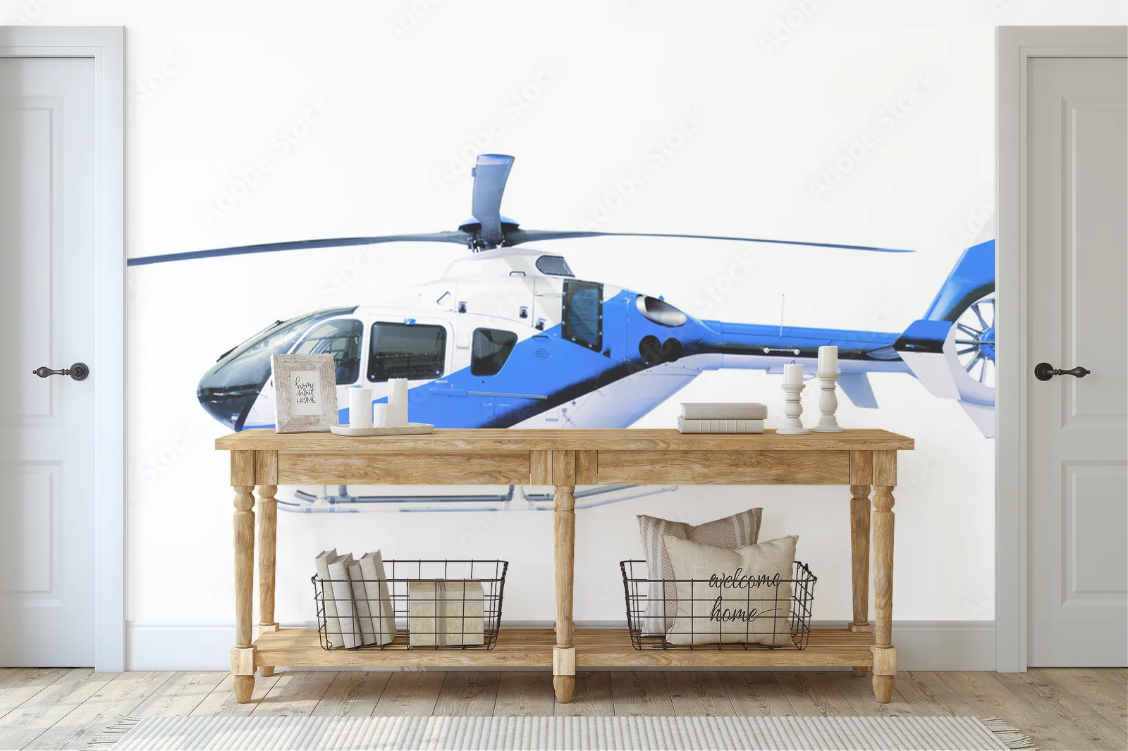 Niebieski helikopter w niewinnej bieli