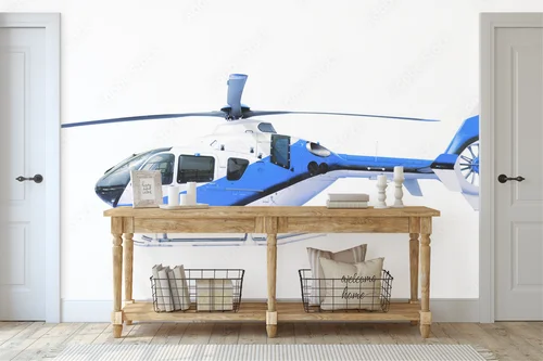 Niebieski helikopter w niewinnej bieli