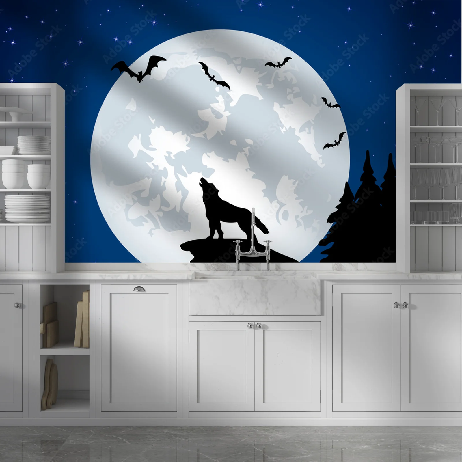 Magiczne nocne pejzaże z wilkiem i księżycem