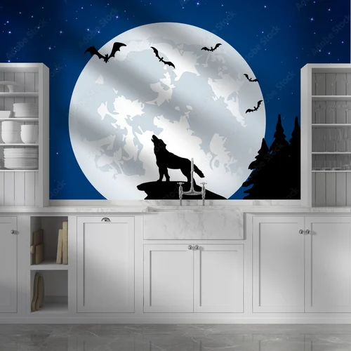 Magiczne nocne pejzaże z wilkiem i księżycem