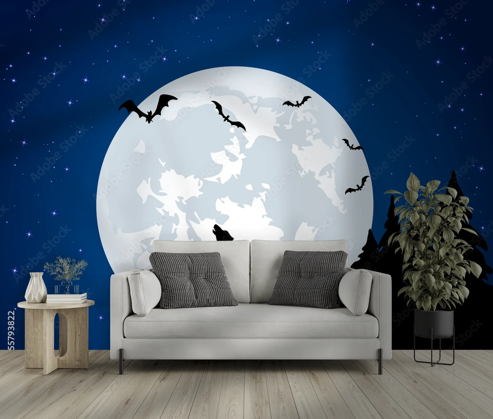 Magiczne nocne pejzaże z wilkiem i księżycem