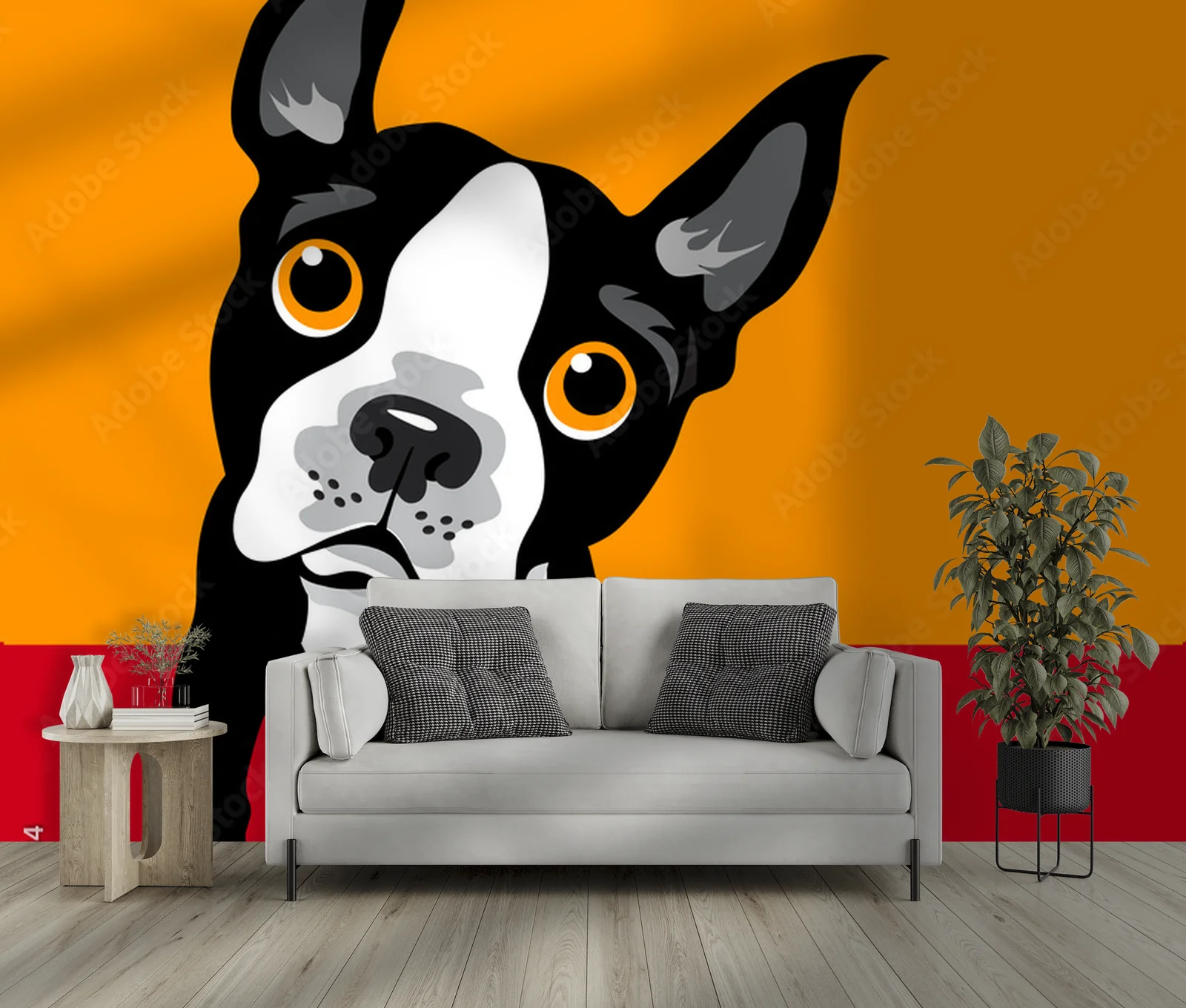 Zabawne ilustracje buldogów bostońskich w żywych kolorach