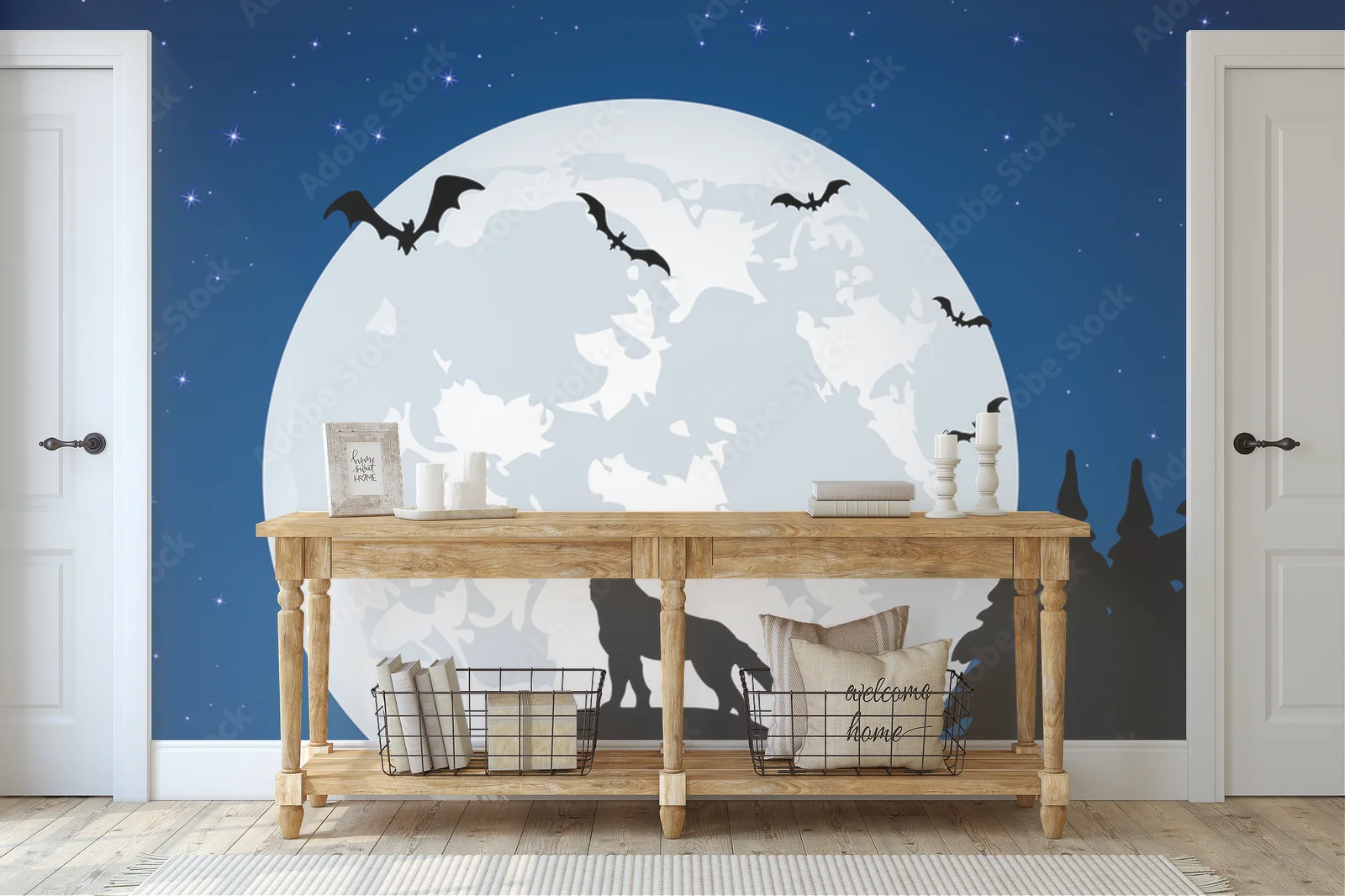 Magiczne nocne pejzaże z wilkiem i księżycem