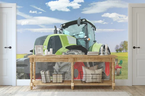Współczesny traktor w odcieniach szarości i błękitu