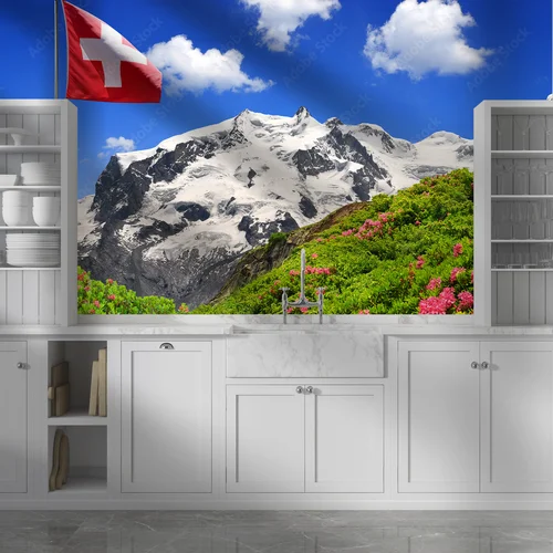 Zimowy krajobraz Monte Rosa z flagą Szwajcarii
