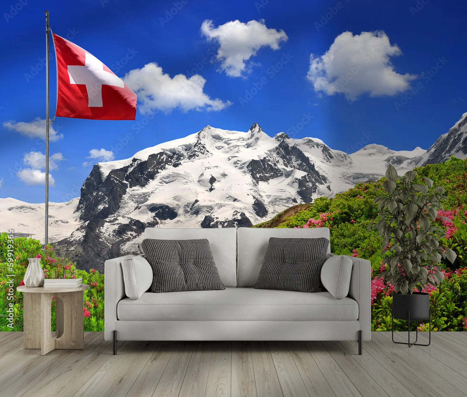 Zimowy krajobraz Monte Rosa z flagą Szwajcarii
