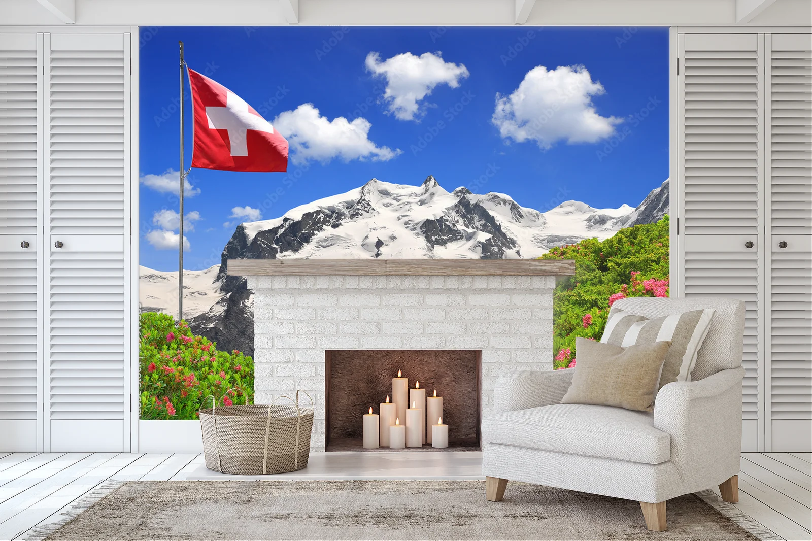 Zimowy krajobraz Monte Rosa z flagą Szwajcarii