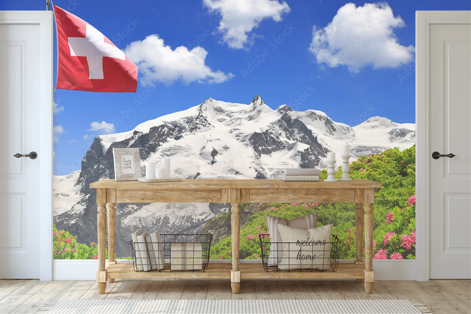 Zimowy krajobraz Monte Rosa z flagą Szwajcarii