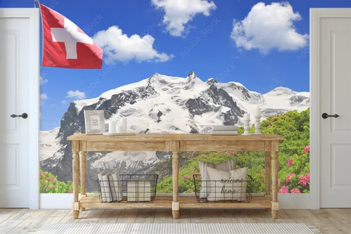 Zimowy krajobraz Monte Rosa z flagą Szwajcarii