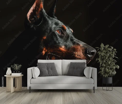 Wspaniale czarne oblicze dobermana w blasku reflektorów