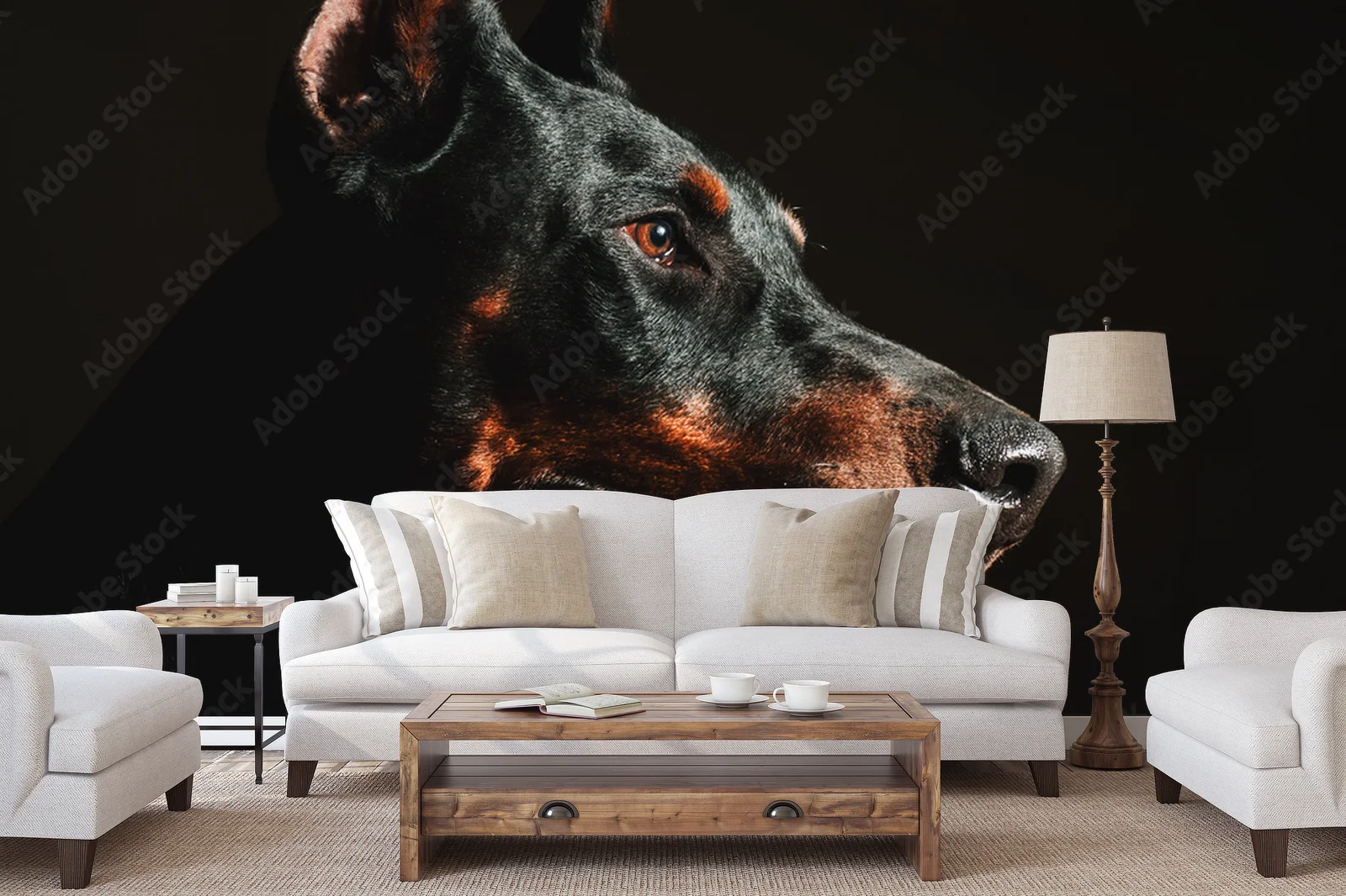 Wspaniale czarne oblicze dobermana w blasku reflektorów