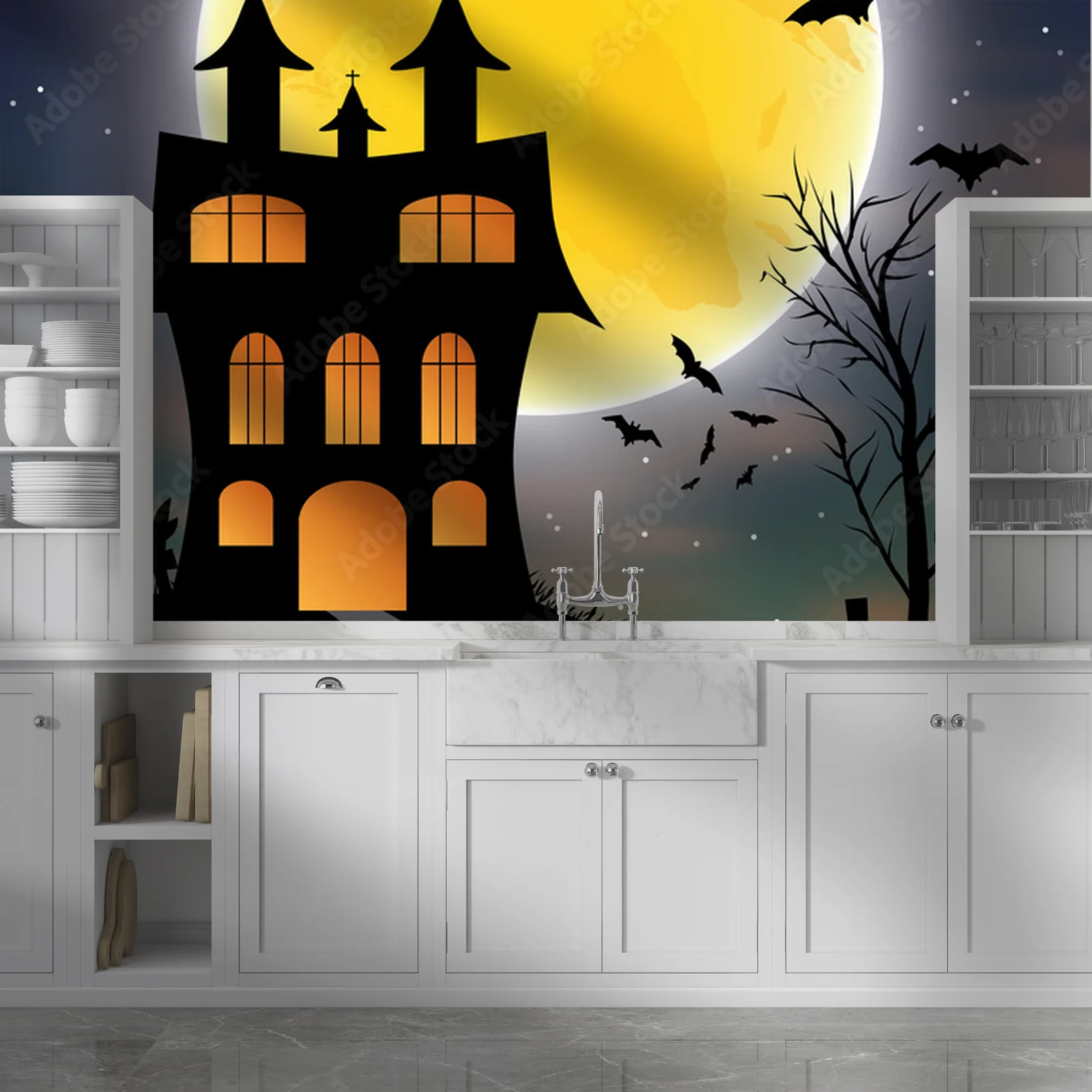 Mroczna noc Halloween z zamkiem i księżycem