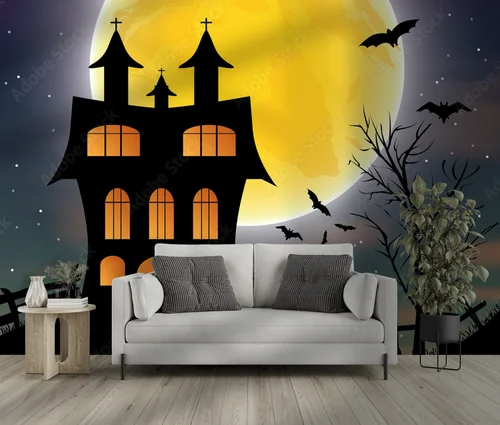 Mroczna noc Halloween z zamkiem i księżycem