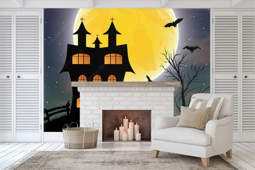 Mroczna noc Halloween z zamkiem i księżycem