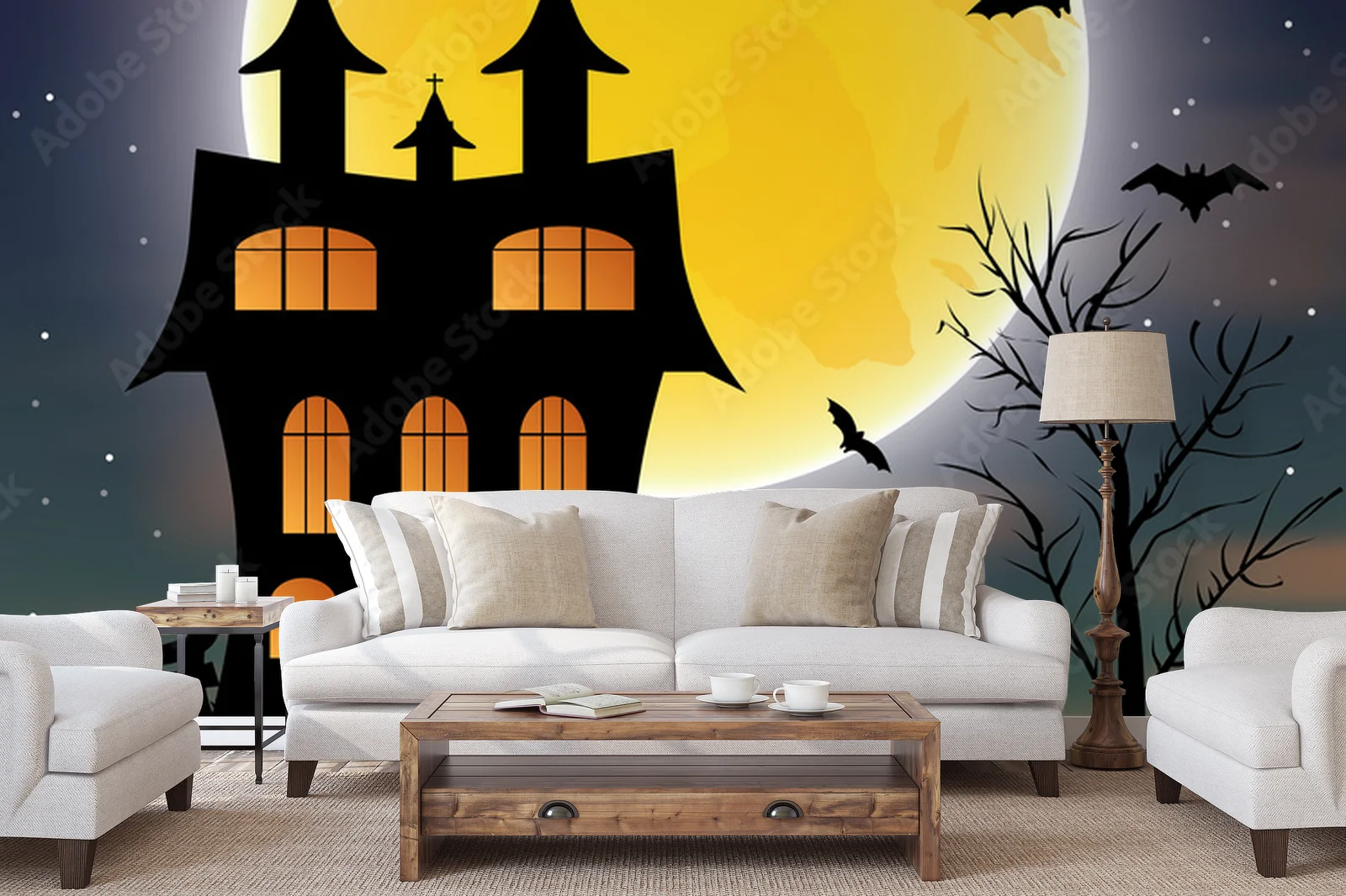 Mroczna noc Halloween z zamkiem i księżycem