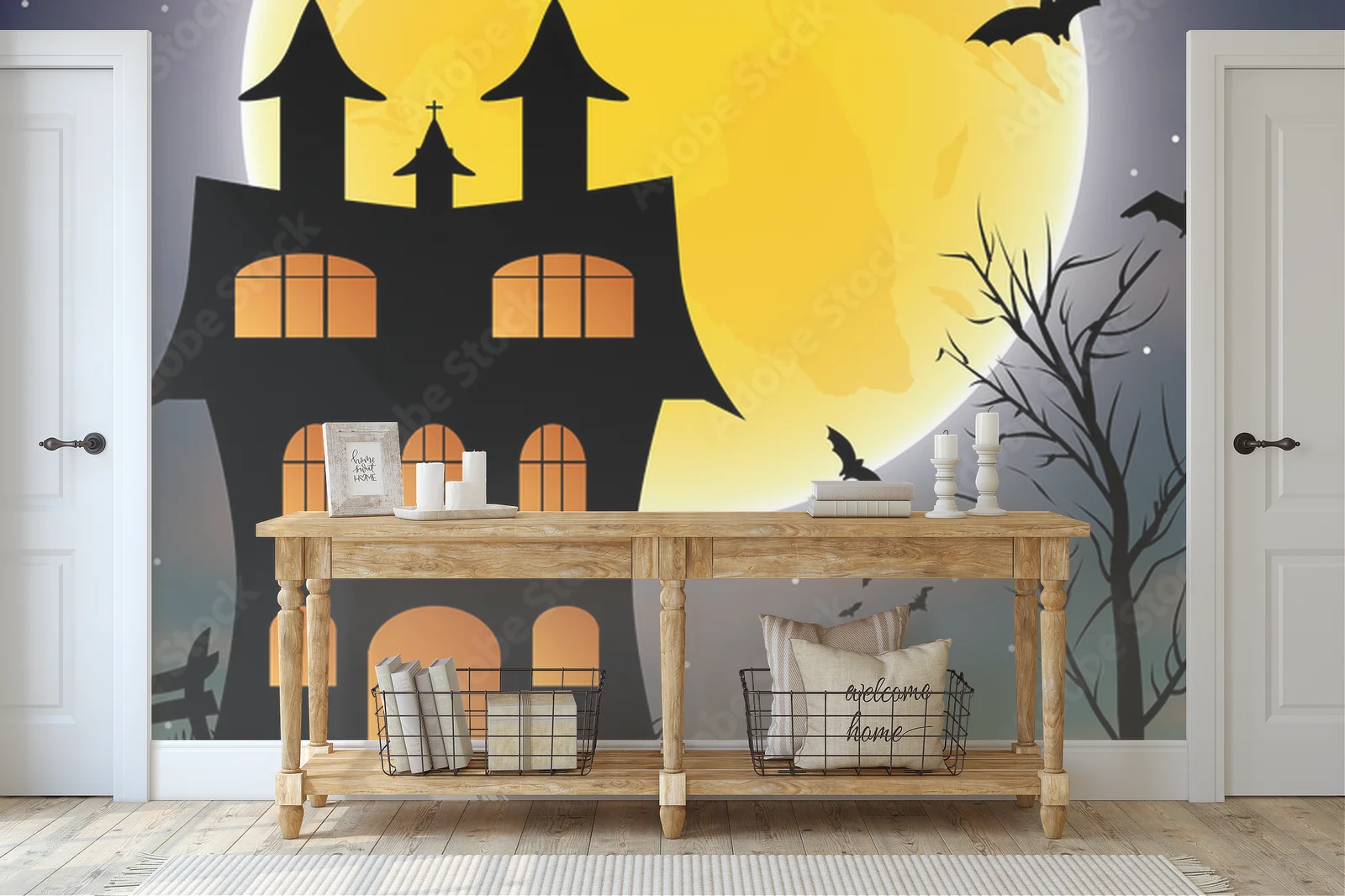 Mroczna noc Halloween z zamkiem i księżycem