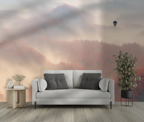 Misty Autumn Forest with a Soaring Balloon