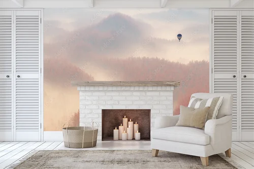 Misty Autumn Forest with a Soaring Balloon
