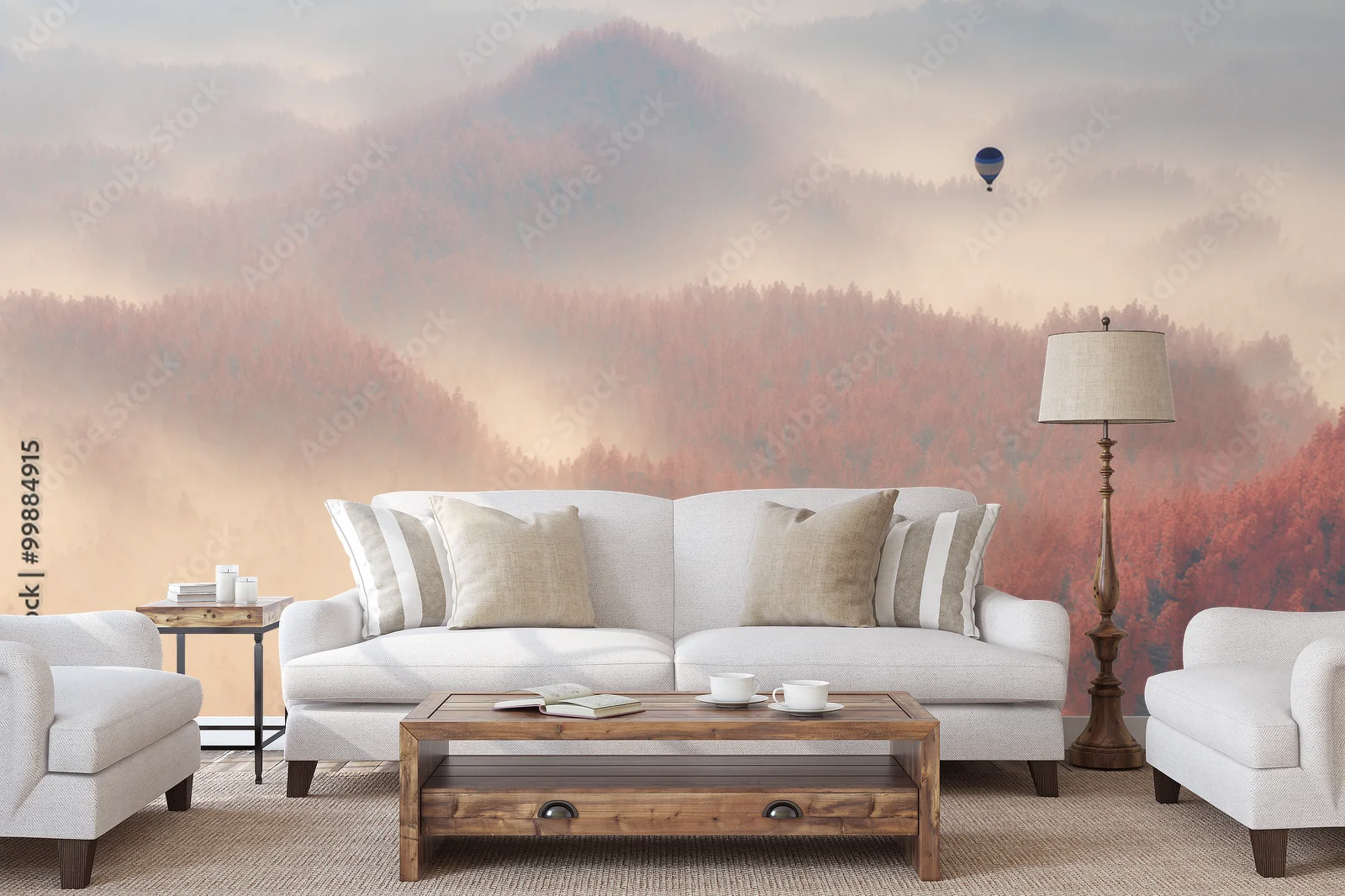 Misty Autumn Forest with a Soaring Balloon
