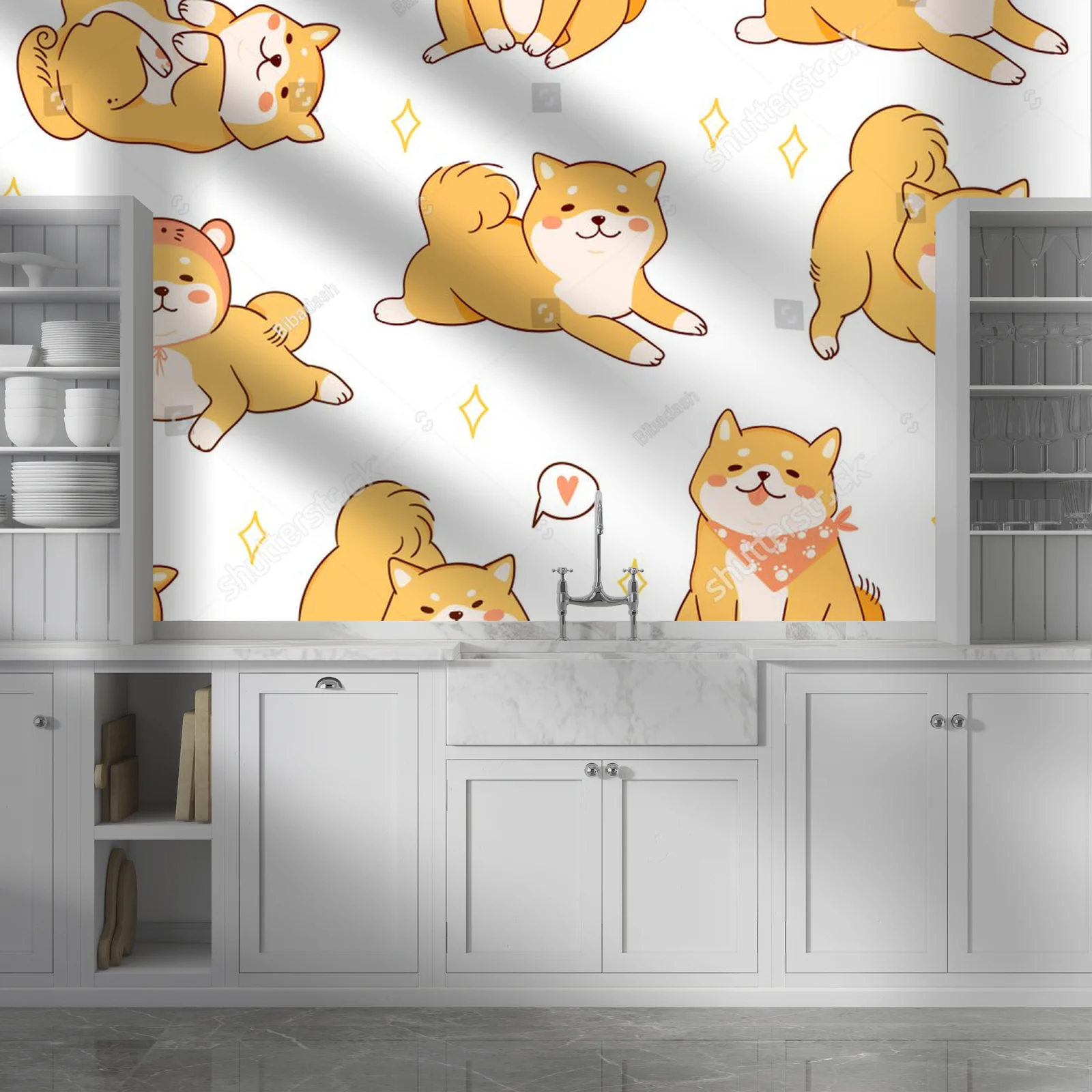 Uroczy motyw psów Shiba Inu w pastelowych odcieniach