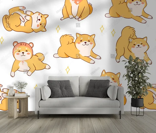 Uroczy motyw psów Shiba Inu w pastelowych odcieniach