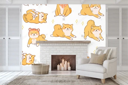 Uroczy motyw psów Shiba Inu w pastelowych odcieniach