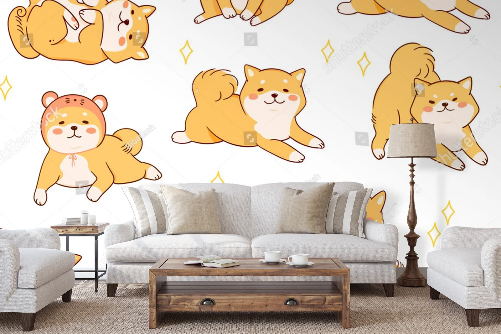 Uroczy motyw psów Shiba Inu w pastelowych odcieniach