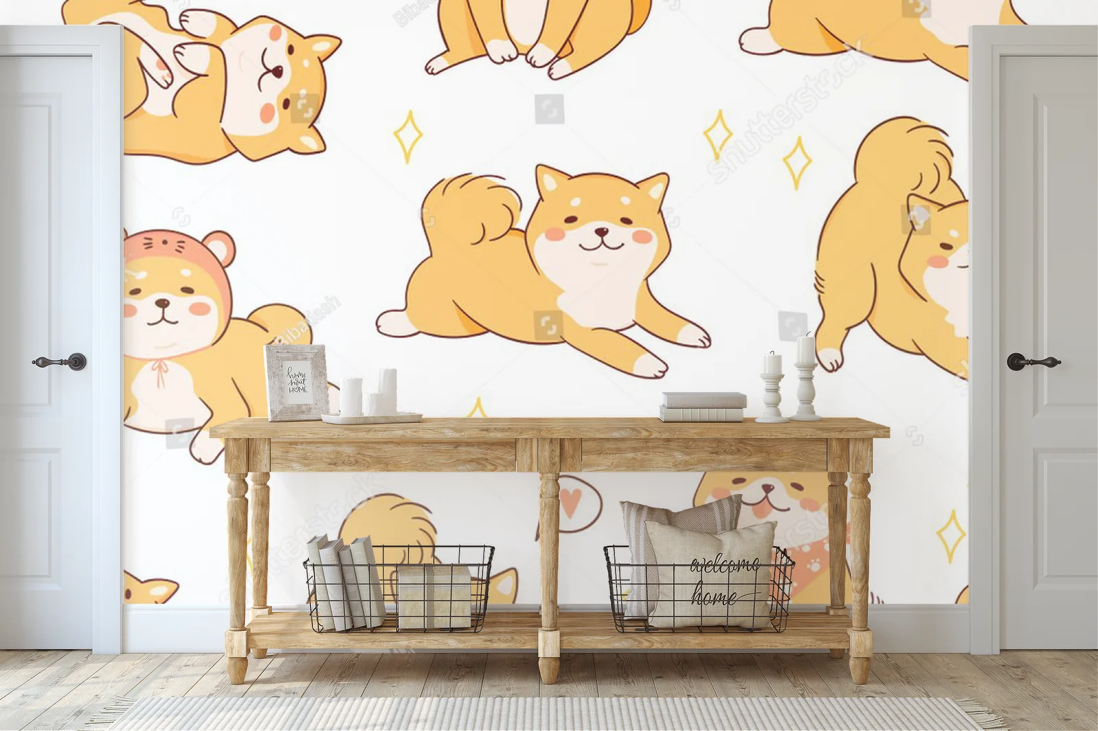 Uroczy motyw psów Shiba Inu w pastelowych odcieniach