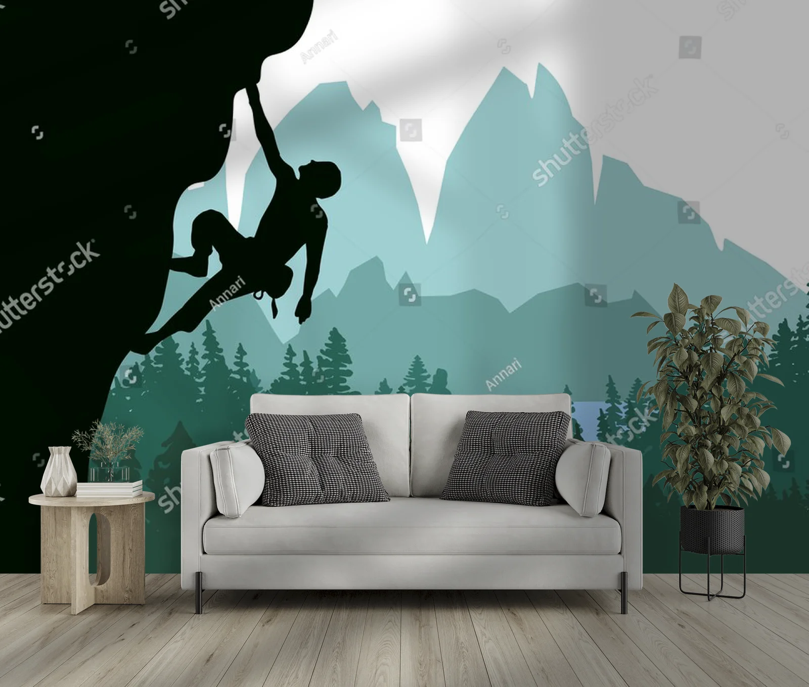 Silhouette wspinacza w zielonym krajobrazie