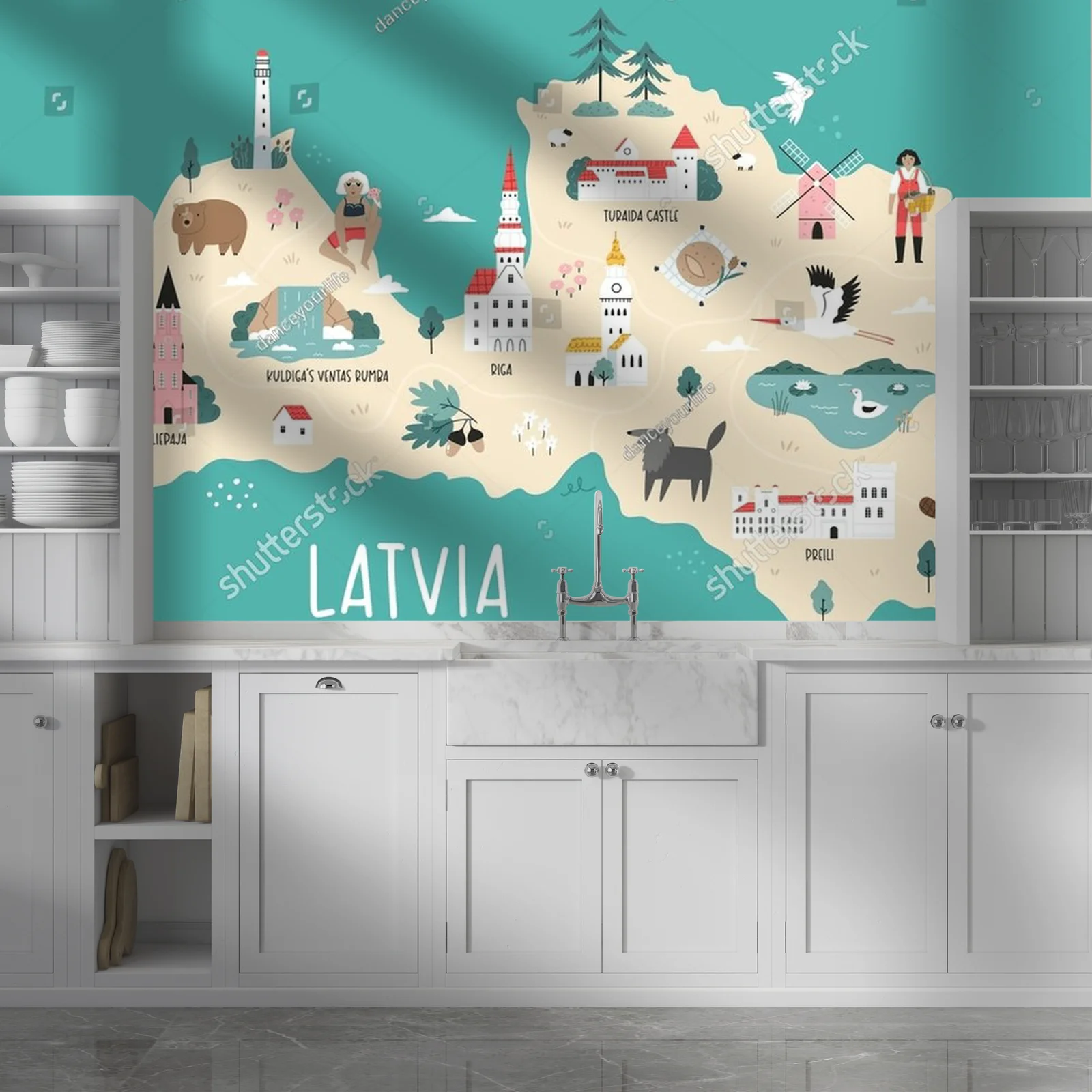 Detale Ruczna Mapa Łotwy z Symbolami Kulturowymi