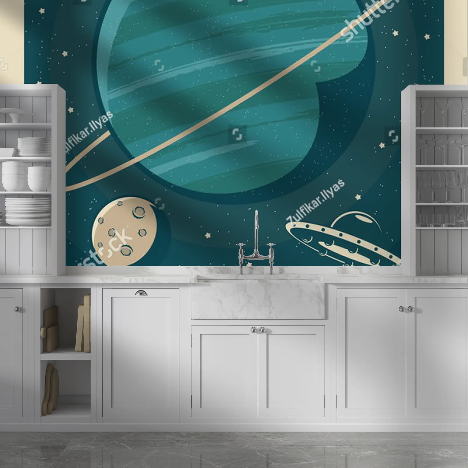 Retro plakat z UFO odkrywającym planetę Neptun