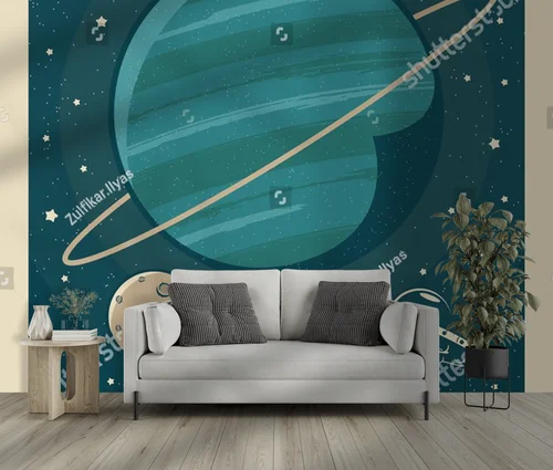 Retro plakat z UFO odkrywającym planetę Neptun