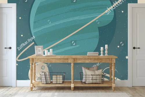 Retro plakat z UFO odkrywającym planetę Neptun