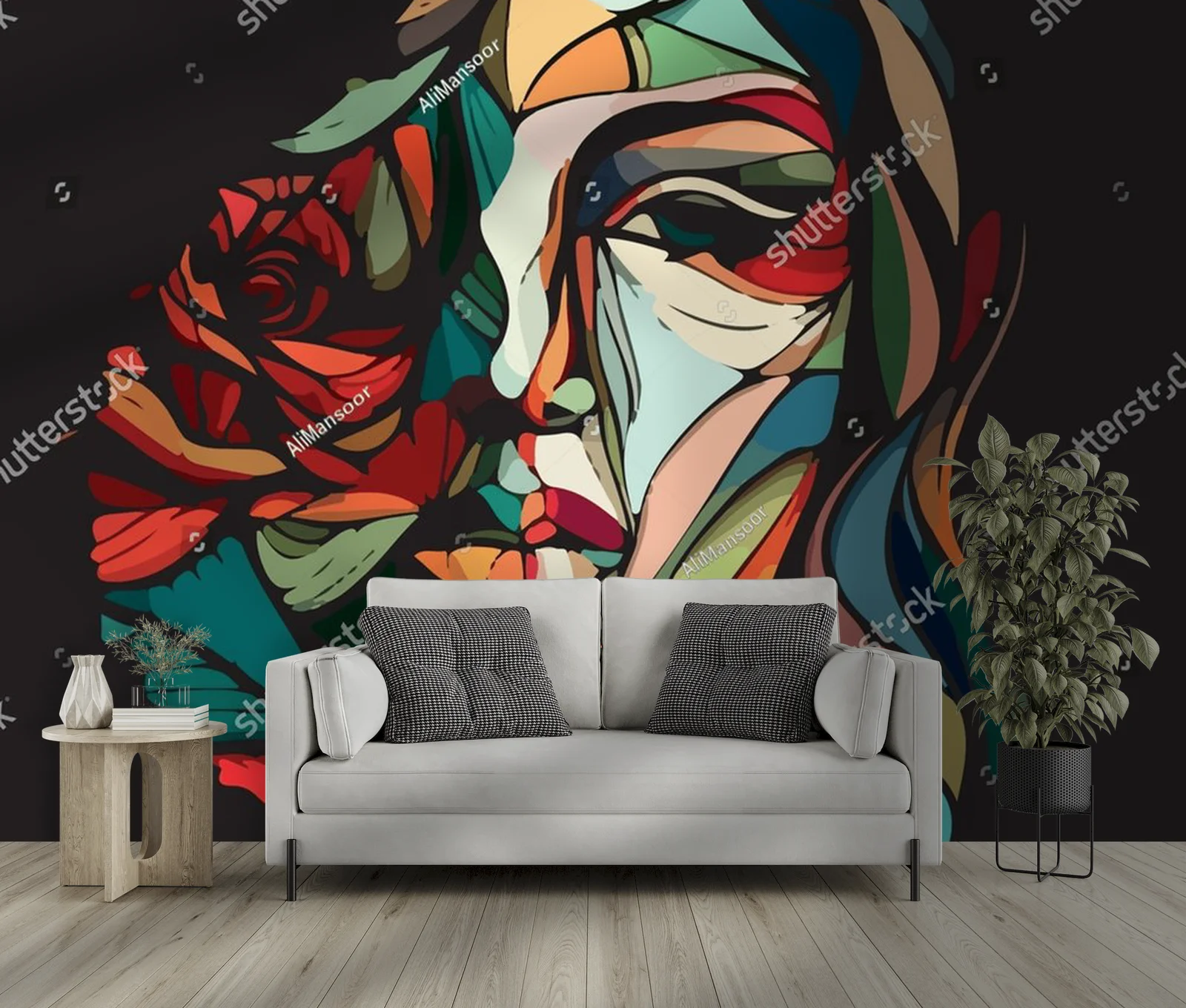 Abstrakcyjny portret kobiety z różą w stylu Picasso