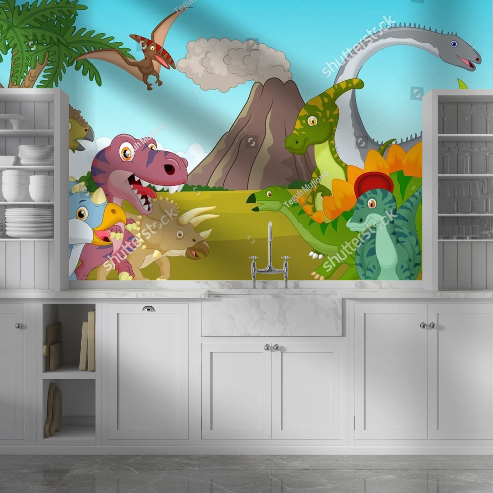 Kolorowe dinozaury w harmonijnej scenerii górskiej