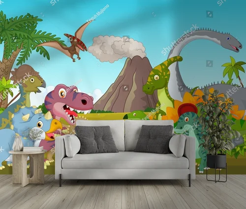 Kolorowe dinozaury w harmonijnej scenerii górskiej