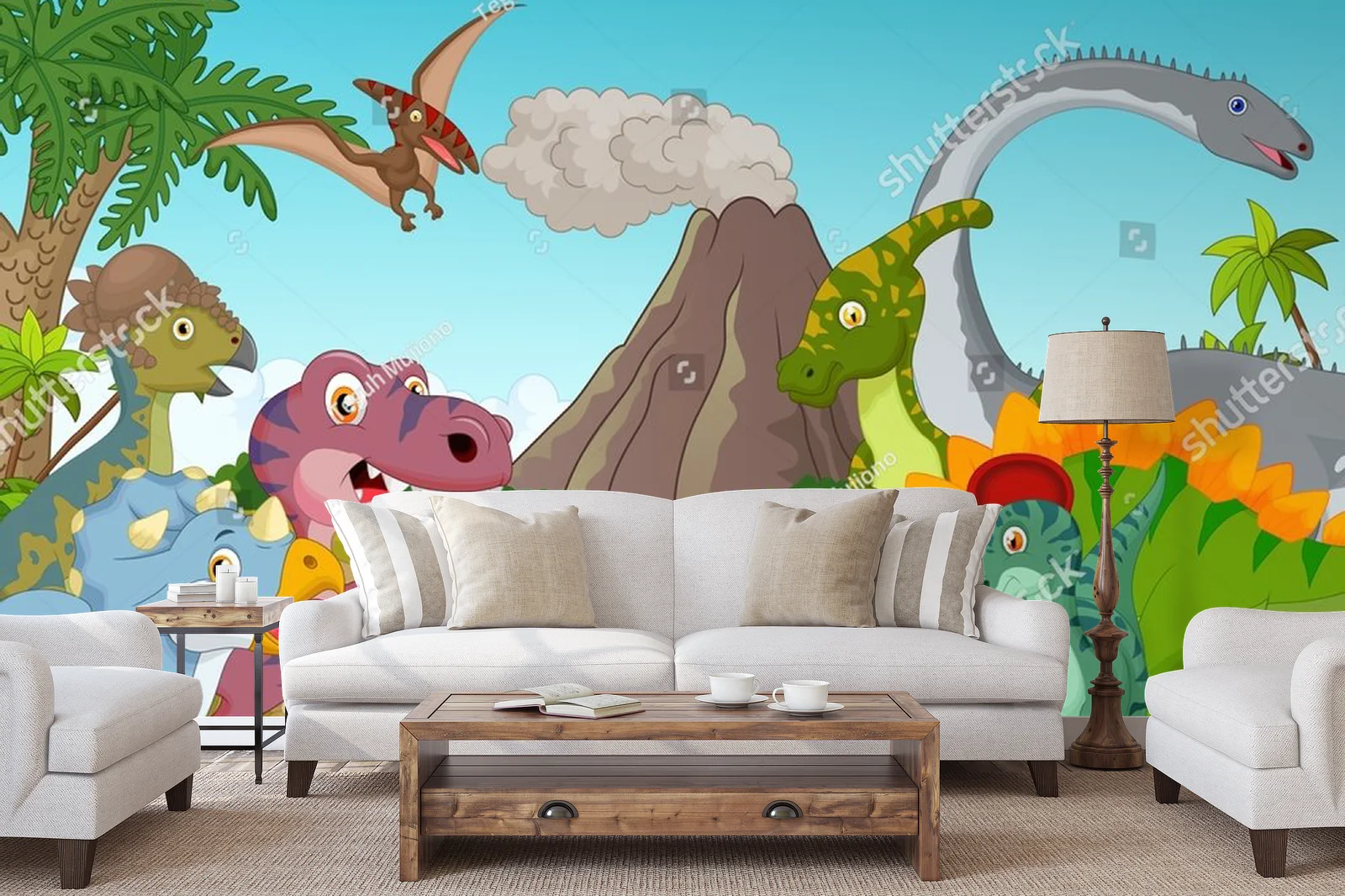 Kolorowe dinozaury w harmonijnej scenerii górskiej