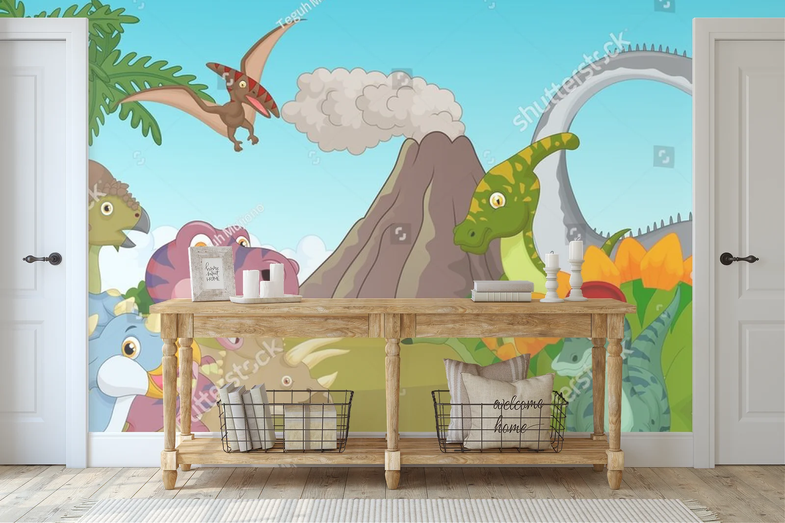 Kolorowe dinozaury w harmonijnej scenerii górskiej