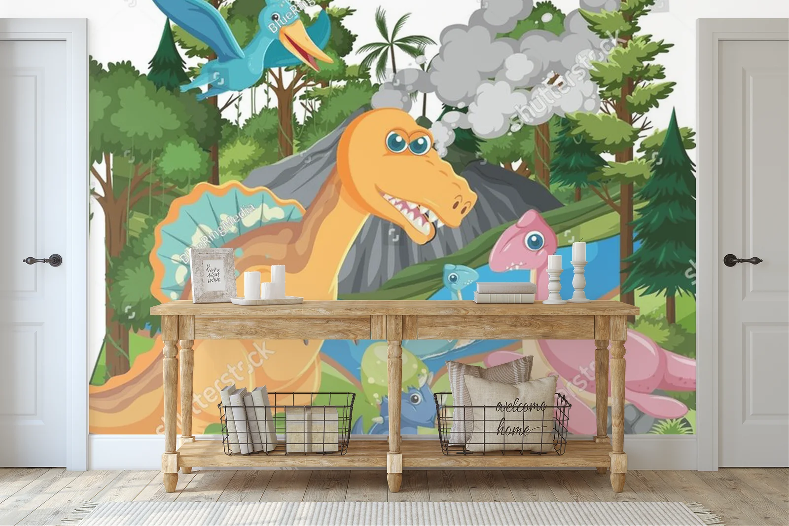 Wesoły dinozaur w leśnym bajkowym świecie